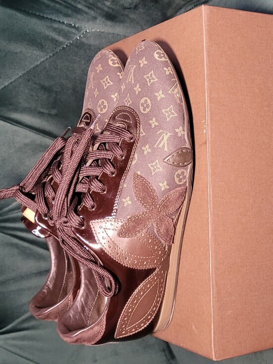 Louis Vuitton Shoes - Louis Vuitton Brown Monogram Patent-Trim Sneakers